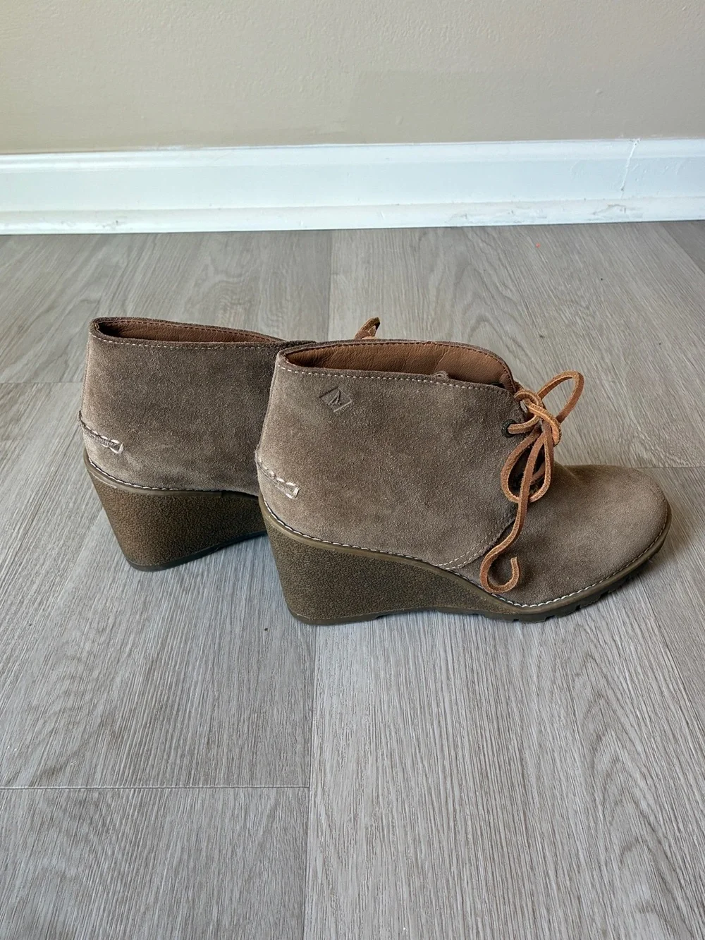 Sperry Stella Prow Taupe Suede Leather Wedge Ankle Booties